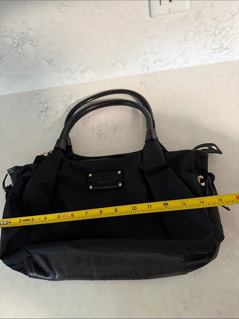 kate spade Black Nylon Shoulder Bag with Gold-Tone Plaque & Polka Dot Lining